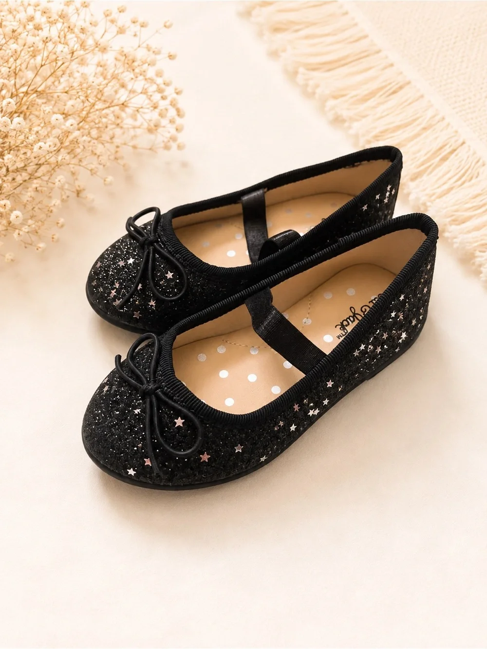 Cat & Jack Black Glitter Star Mary Jane Flats with Bow